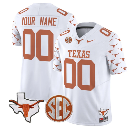 Custom Texas Longhorns Jersey Name and Number State Map and Sec Patch Vapor Limited College Football Stitched White by My Store