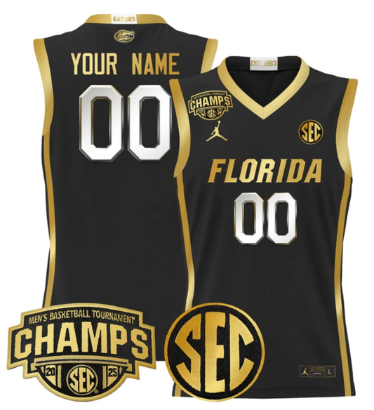 Custom Florida Gators Jersey 2025 SEC Tournament Champions Stitched Black Gold by My store basketball