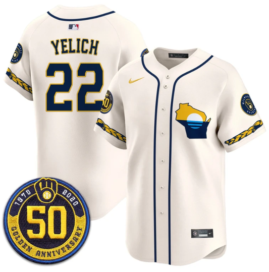 Christian Yelich Jersey #22 Milwaukee Brewers Golden 50th Anniversary Patch Stitched Cream by My Store