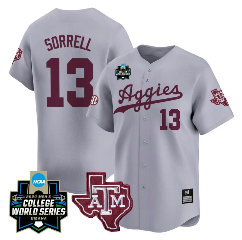 Caden Sorrell Jersey #13 Texas AM Aggies 2024 College World Series Vapor Premier Limited NCAA Baseball Stitched Gray by My Store
