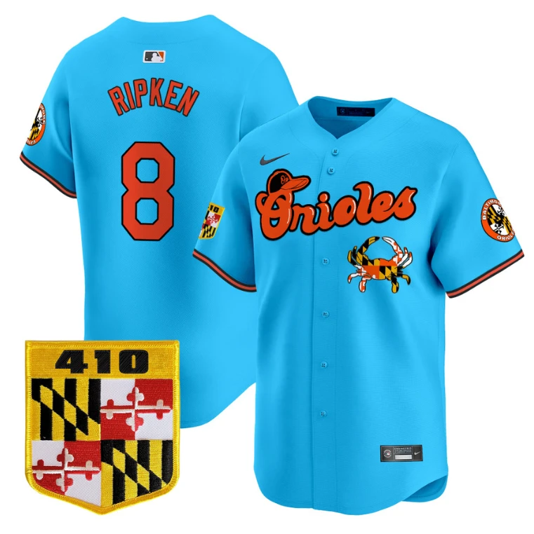 Cal Ripken Jersey #8 Baltimore Orioles 410 & Chesapeake Crab Patch Limited Stitched Light Blue by My Store