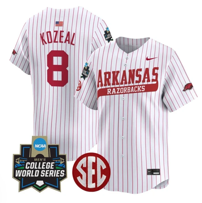 Cam Kozeal Jersey #8 Arkansas Razorbacks 2025 World Series Stitched Pinstripe by My Store