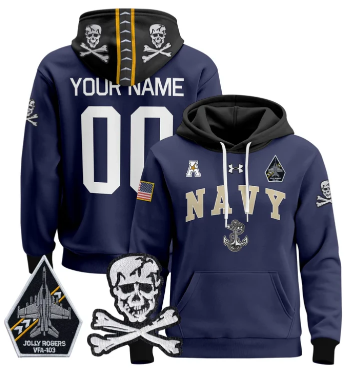 Custom Navy Midshipmen Hoodie 2024 Pullover Jolly Rogers Patch by Hoodie Pullover