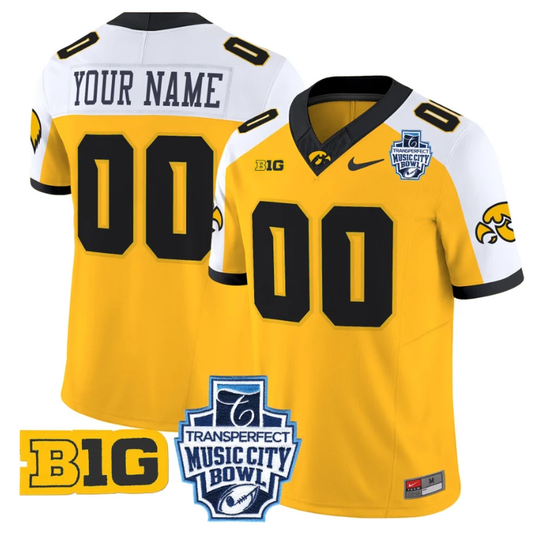 Custom Iowa Hawkeyes Jersey 2024 Music City Bowl Patch Stitched Gold Alternate by NCAA Football Jersey
