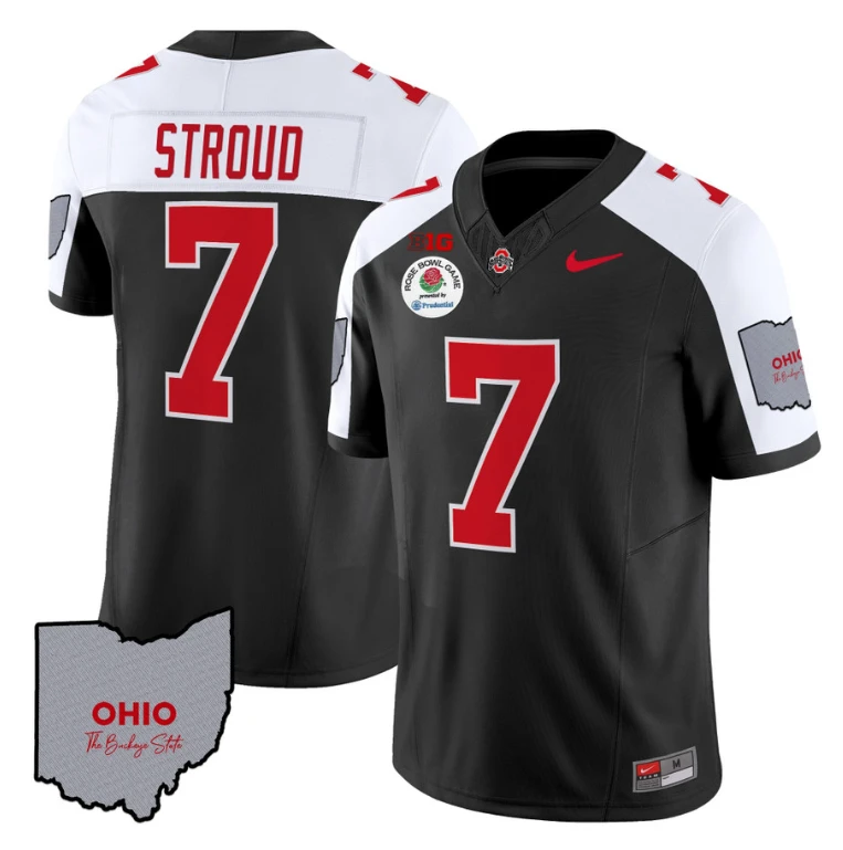 C J Stroud Jersey #7 Ohio State Rose Bowl Patch Football V3 Black Alternate by NCAA Football Jersey