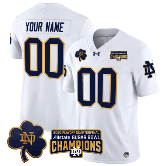 Custom Notre Dame Jersey 2025 Playoff Sugar Bowl Champions Patch White by NCAA Football Jersey