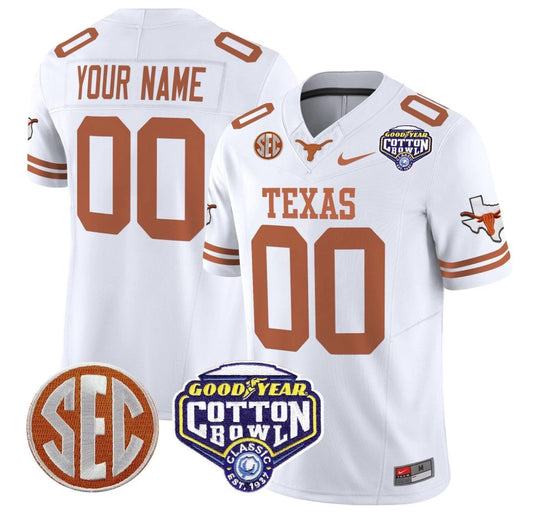 Custom Texas Longhorns Jersey Name, Number Cotton Bowl Patch Stitched White by NCAA Football Jersey