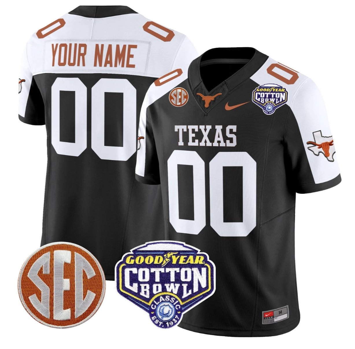 Custom Texas Longhorns Jersey Name, Number Cotton Bowl Patch Black Alternate by NCAA Football Jersey