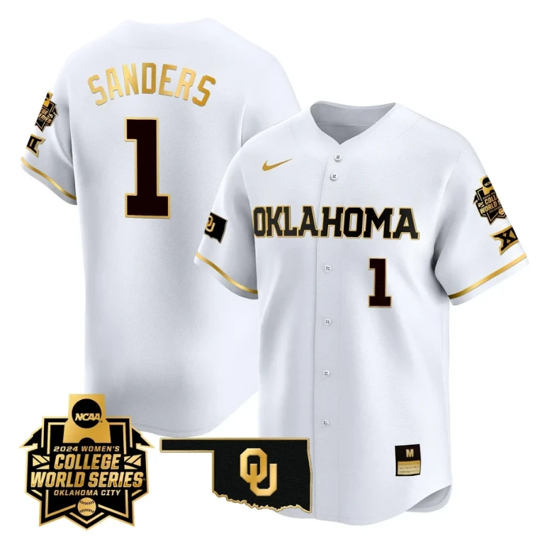 Cydney Sanders Jersey #1 Oklahoma Sooners 2024 College World Series Patch Vapor Premier Limited NCAA Baseball Stitched White Gold by My Store