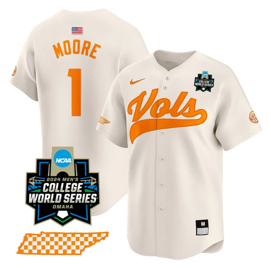Christian Moore Jersey #1 Tennessee Volunteers 2024 College World Series Vapor Premier Limited NCAA Baseball Stitched Cream by My Store