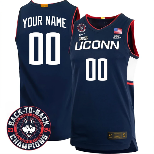 Custom UConn Huskies Basketball Jersey 2024 Back To Back Champions Patch Navy by My store basketball