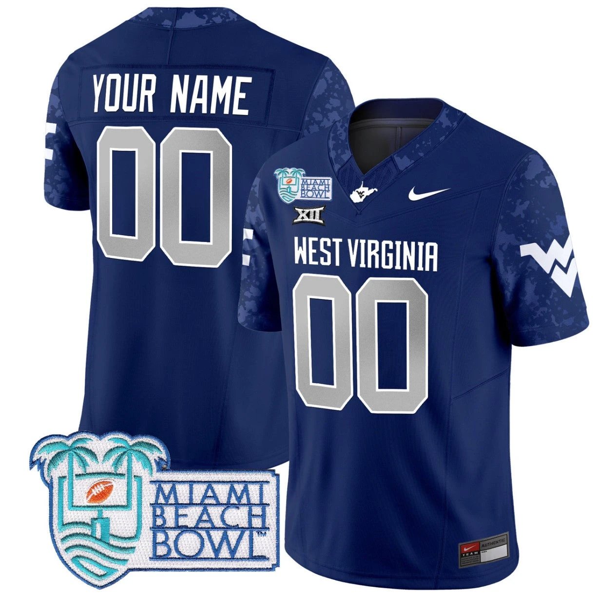 Custom West Virginia Mountaineers Jersey 2025 Miami Beach Bowl Patch Navy by My Store