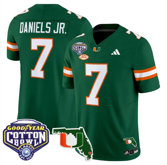 CJ Daniels Jersey #7 Miami Hurricanes 2025 Cotton Bowl Florida Stitched Green by NCAA Football Jersey