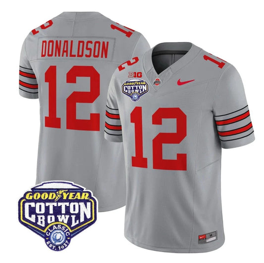 CJ Donaldson Jersey #12 Ohio State Heritage Stripe 2025 Cotton Bowl Stitched Gray by NCAA Football Jersey