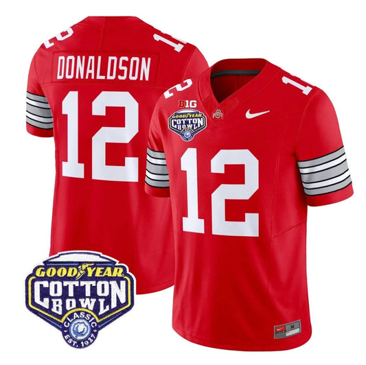 CJ Donaldson Jersey #12 Ohio State Heritage Stripe 2025 Cotton Bowl Stitched Red by NCAA Football Jersey