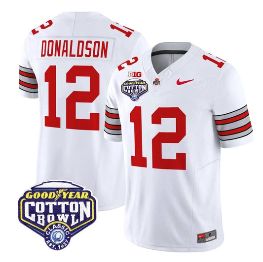 CJ Donaldson Jersey #12 Ohio State Heritage Stripe 2025 Cotton Bowl Stitched White by NCAA Football Jersey