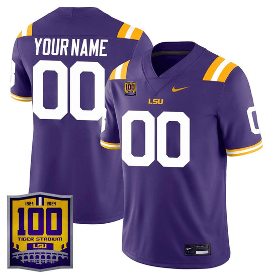 Custom LSU Tigers Jersey Name, Number 100 Years of Tiger Stadium Patch Purple by NCAA Football Jersey