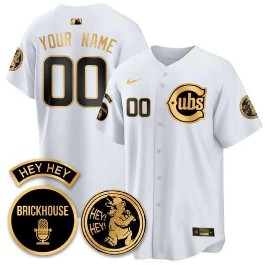 Custom Chicago Cubs Jersey Jack Brickhouse Hey Hey Patch Limited Stitched White Gold by My Store