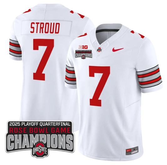 CJ Stroud Jersey #7 Ohio State 2025 Rose Bowl Champions Patch White by NCAA Football Jersey