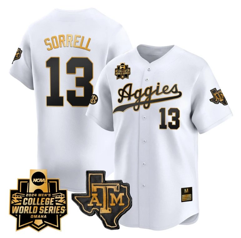 Caden Sorrell Jersey #13 Texas AM Aggies 2024 College World Series Vapor Premier Limited NCAA Baseball Stitched White Gold by My Store