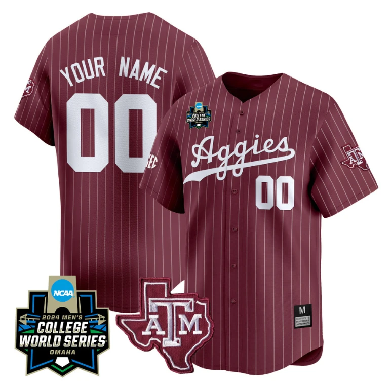 Custom Texas AM Aggies Jersey 2024 College World Series Vapor Premier Limited NCAA Baseball Stitched Maroon Pinstripe by My Store