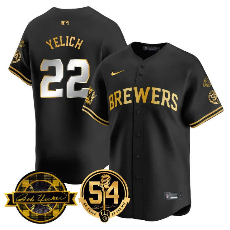 Christian Yelich Jersey #22 Milwaukee Brewers 2025 Bob Uecker, 54 Seasons for Brewers Stitched Black Gold by My Store