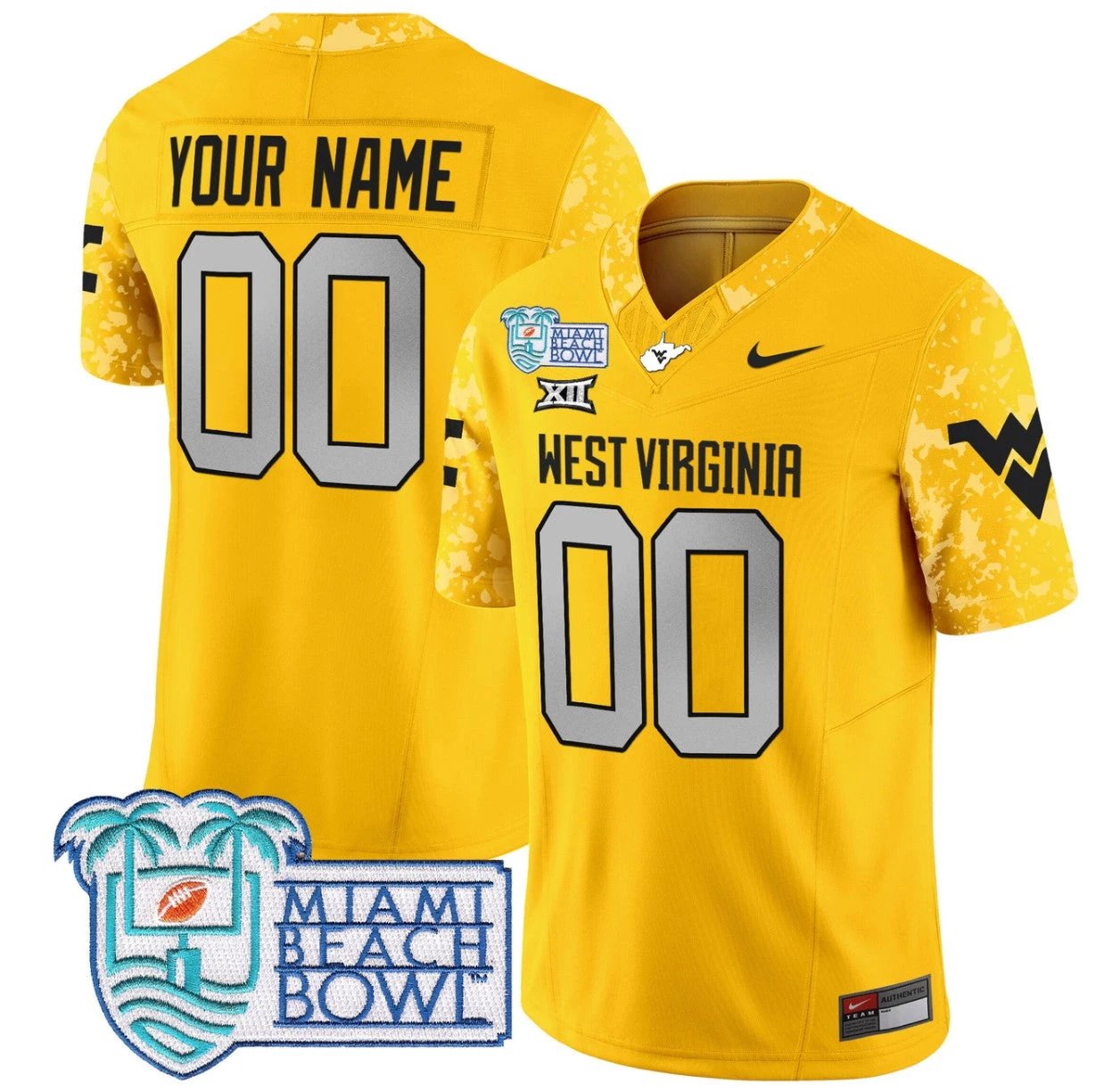 Custom West Virginia Mountaineers Jersey 2025 Miami Beach Bowl Patch Gold by My Store