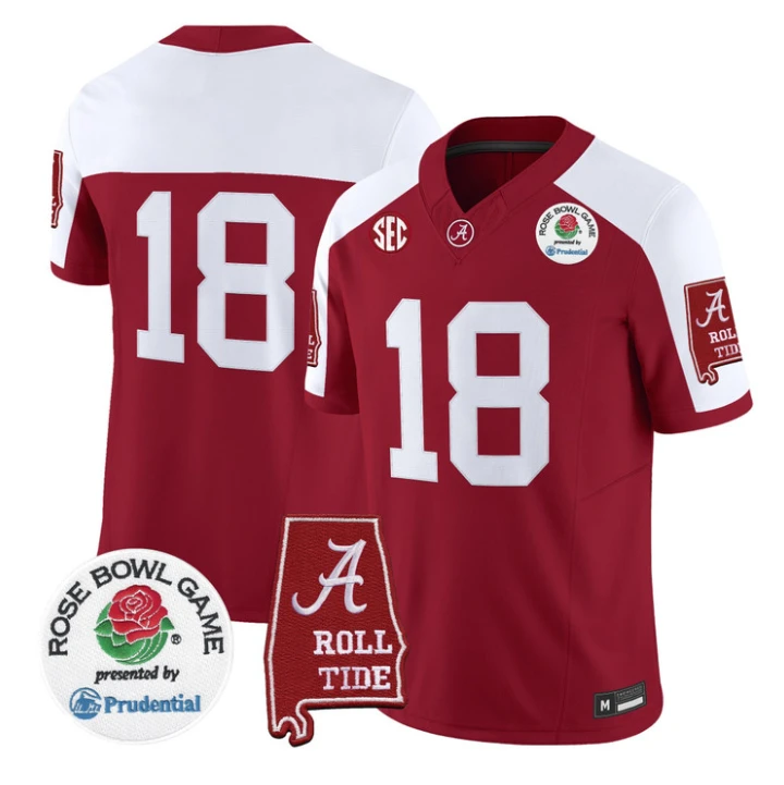 Crimson Jersey #18 Alabama Crimson Tide 2026 Rose Bowl Patch Stitched by My Store NCAA Football Jerseys