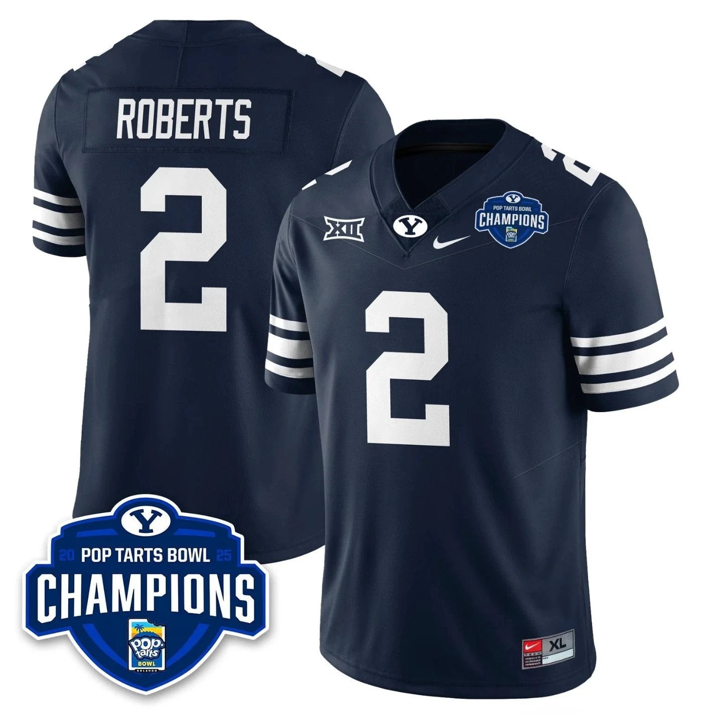 Chase Roberts Jersey #2 BYU Cougars 2025 Pop-Tarts Bowl Champions Stitched Navy by NCAA Football Jersey