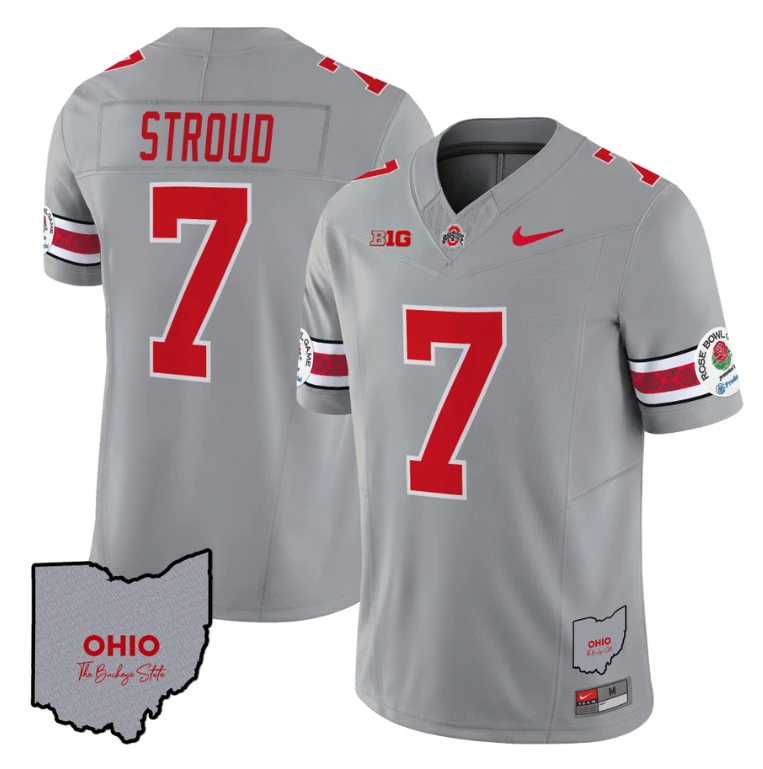 C J Stroud Jersey #7 Ohio State Rose Bowl Patch Football V3 Gray by NCAA Football Jersey