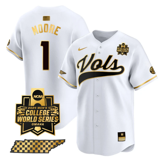 Christian Moore Jersey #1 Tennessee Volunteers 2024 College World Series Vapor Premier Limited NCAA Baseball Stitched White Gold by My Store