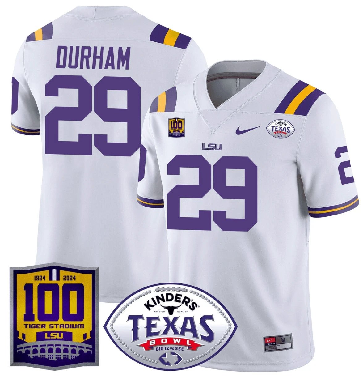 Caden Durham Jersey #29 LSU Tigers Texas Bowl Patch Football White by NCAA Football Jersey