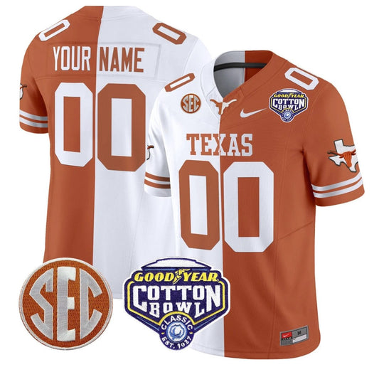 Custom Texas Longhorns Jersey Name, Number Cotton Bowl Patch Stitched Split by NCAA Football Jersey