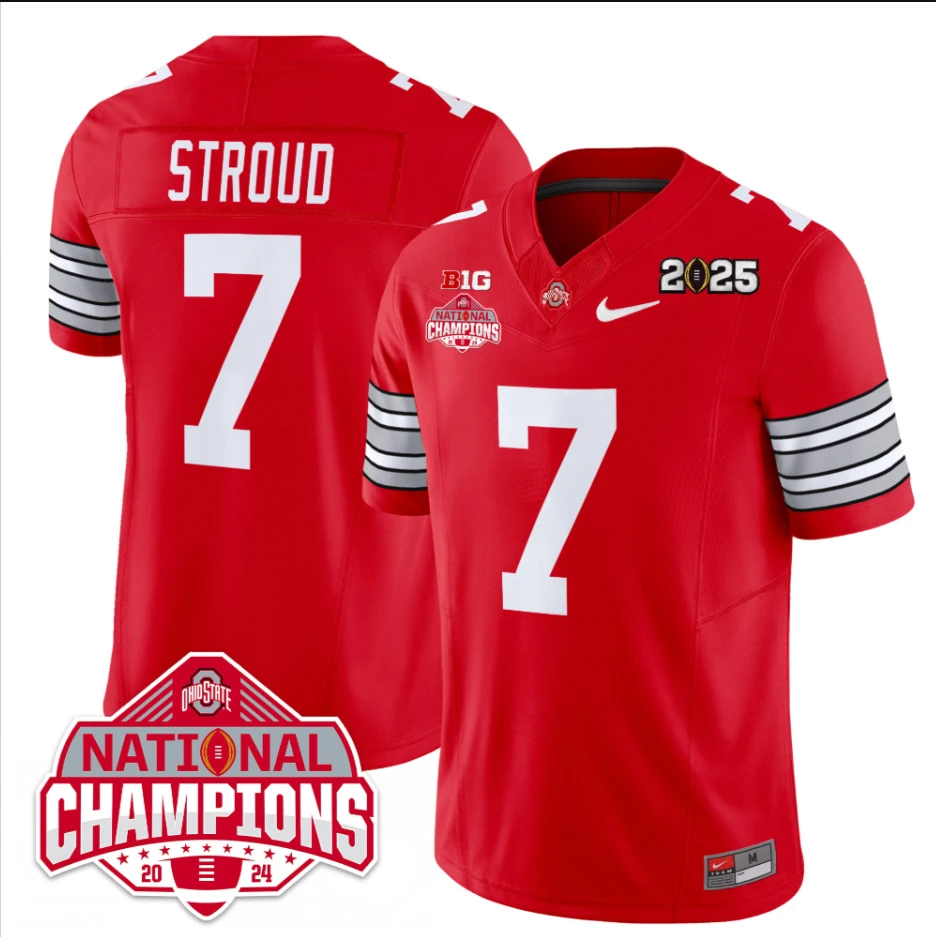 C J Stroud Jersey #7 Ohio State 2025 CFP Patch National Champions Red (Copy) by My Store