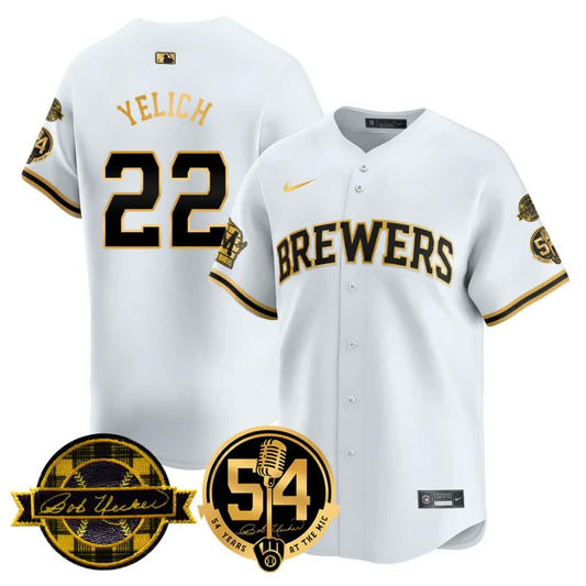 Christian Yelich Jersey #22 Milwaukee Brewers 2025 Bob Uecker, 54 Seasons for Brewers Stitched White Gold by My Store