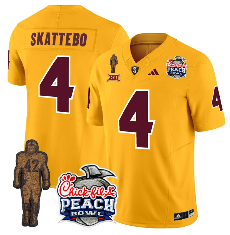 Cam Skattebo Jersey #4 Sun Devils Pat Tillman Peach Bowl Patch Gold by My Store