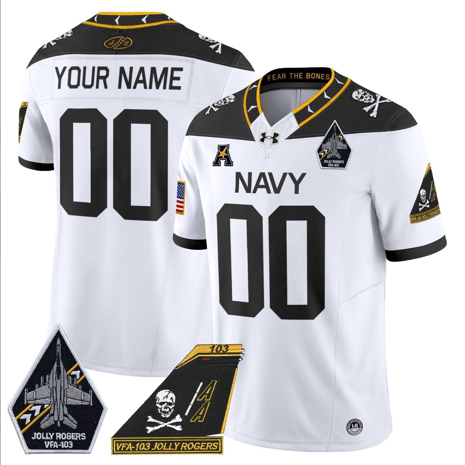 Custom Navy Midshipmen Jersey Name, Number 2024 Jolly Rogers Patch White by My Store