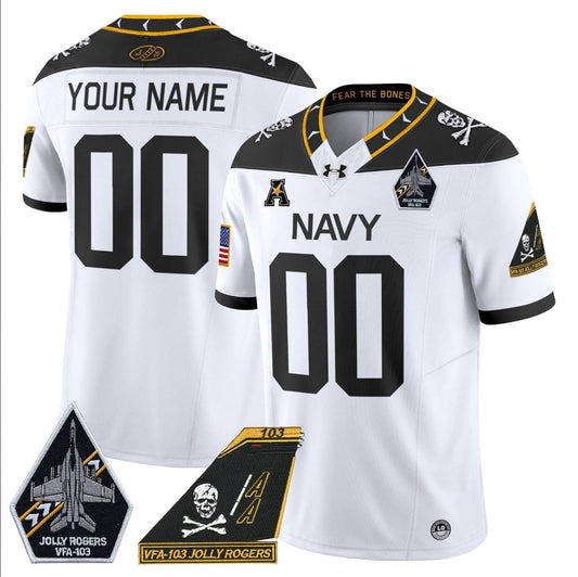 Custom Navy Midshipmen Jersey Name, Number 2024 Jolly Rogers Patch White by My Store