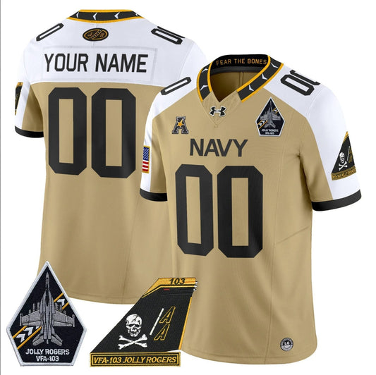 Custom Navy Midshipmen Jersey Name, Number 2024 Jolly Rogers Patch Gold Alternate by My Store