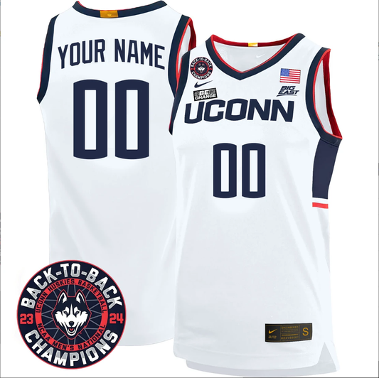 Custom UConn Huskies Basketball Jersey 2024 Back To Back Champions Patch White Home by My store basketball