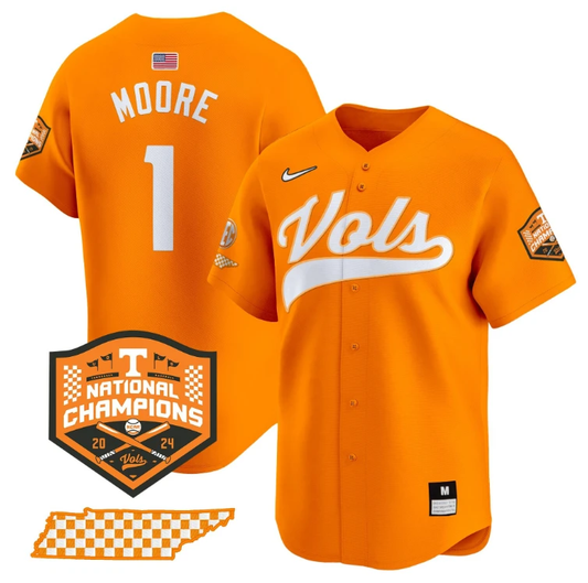 Christian Moore Jersey #1 Tennessee Volunteers Baseball 2024 Champions Vapor Premier Limited Orange by My Store