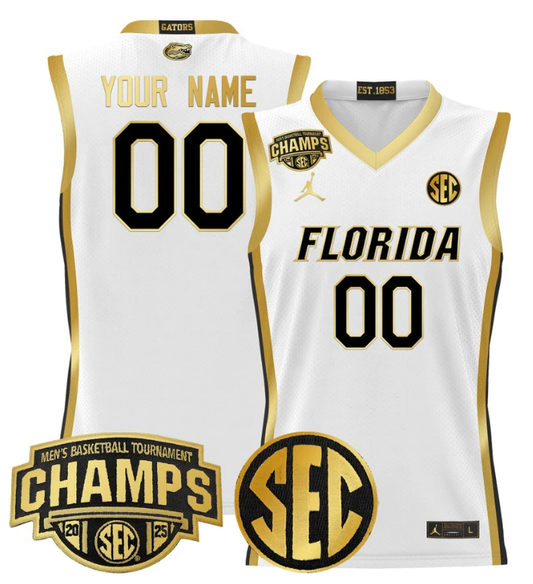 Custom Florida Gators Jersey 2025 SEC Tournament Champions Stitched White Gold by My store basketball