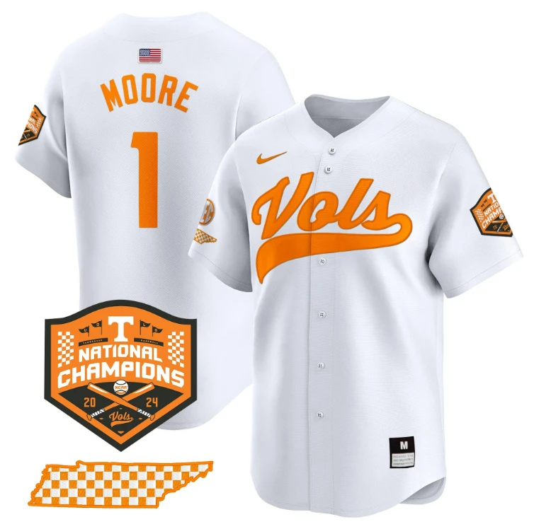 Christian Moore Jersey #1 Tennessee Volunteers Baseball 2024 Champions Vapor Premier Limited White by My Store