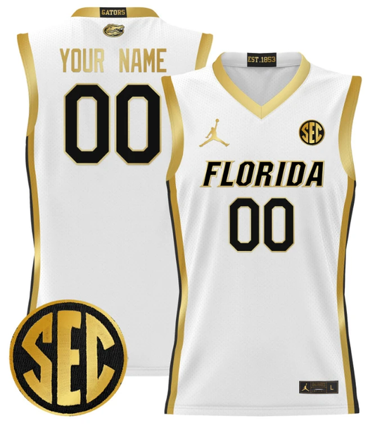 Custom Florida Gators Jersey Name, Number 2024 Lightweight Basketball White Gold by My store basketball