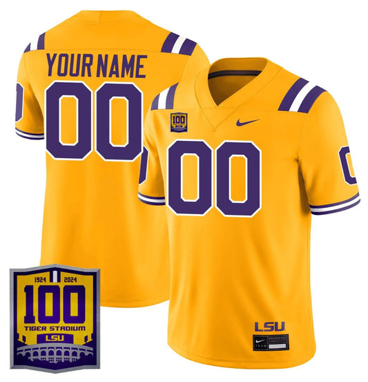 Custom LSU Tigers Jersey Name, Number 100 Years of Tiger Stadium Patch Gold by NCAA Football Jersey