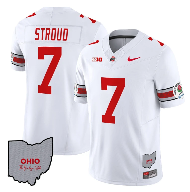 C J Stroud Jersey #7 Ohio State Rose Bowl Patch Football V3 White by NCAA Football Jersey