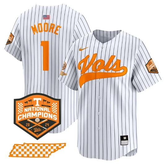 Christian Moore Jersey #1 Tennessee Volunteers Baseball 2024 Champions Vapor Premier Limited Pinstripe by My Store