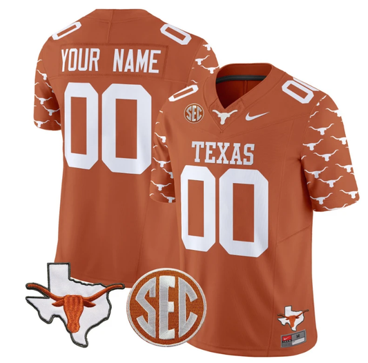 Custom Texas Longhorns Jersey Name and Number State Map and Sec Patch Vapor Limited College Football Stitched Texas Orange by My Store