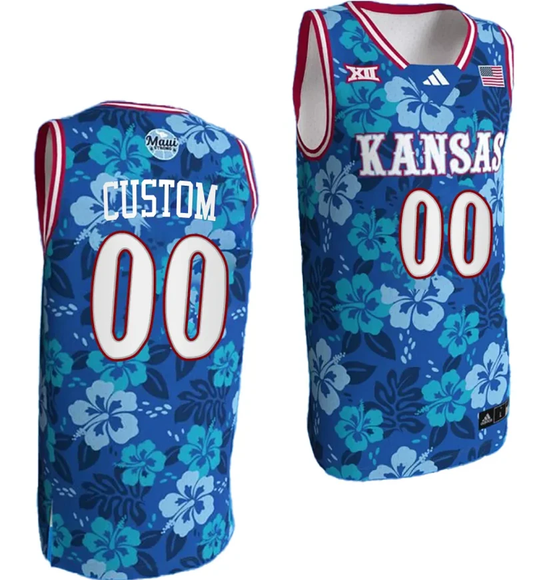 Custom Kansas Jayhawks Jersey Name and Number Bill Self Game College Basketball Blue Maui Strong by My store basketball