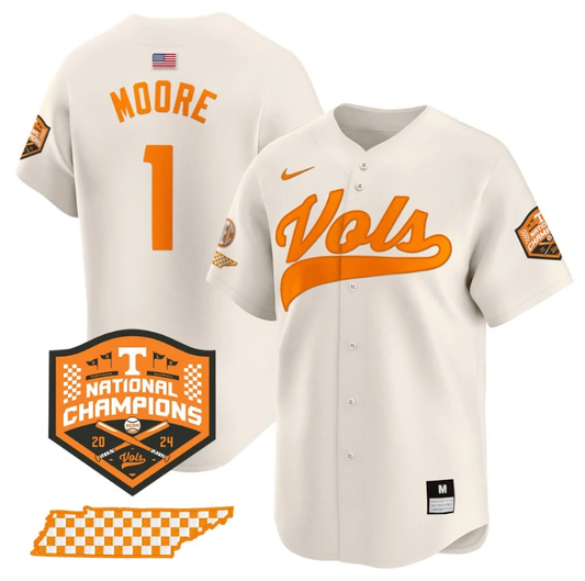 Christian Moore Jersey #1 Tennessee Volunteers Baseball 2024 Champions Vapor Premier Limited Cream by My Store